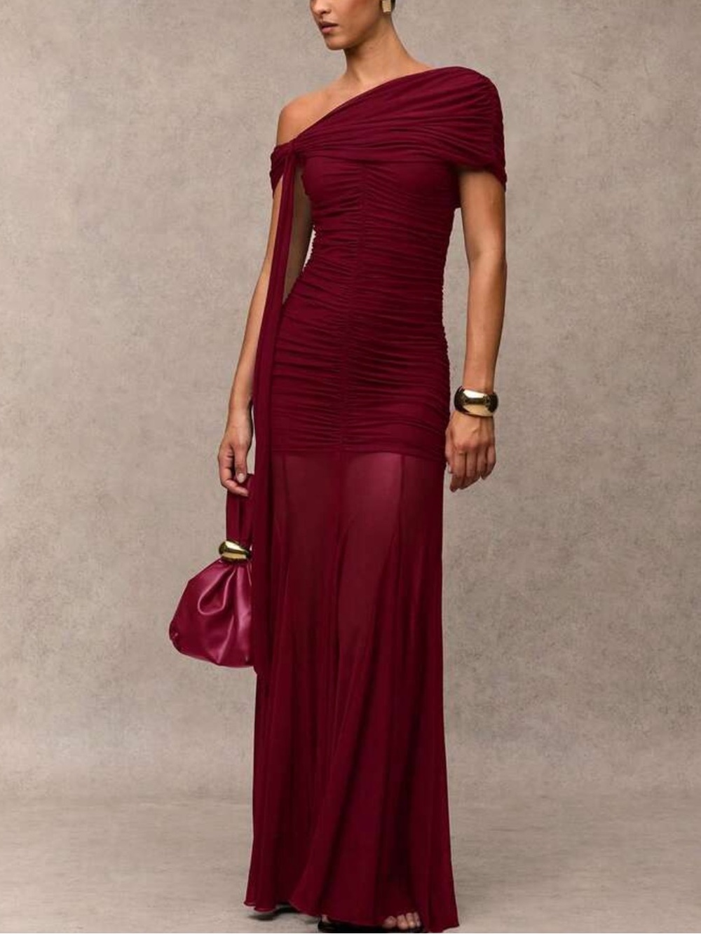 Elegant One-Shoulder Burgundy Evening Dress - Picture 7 of 8